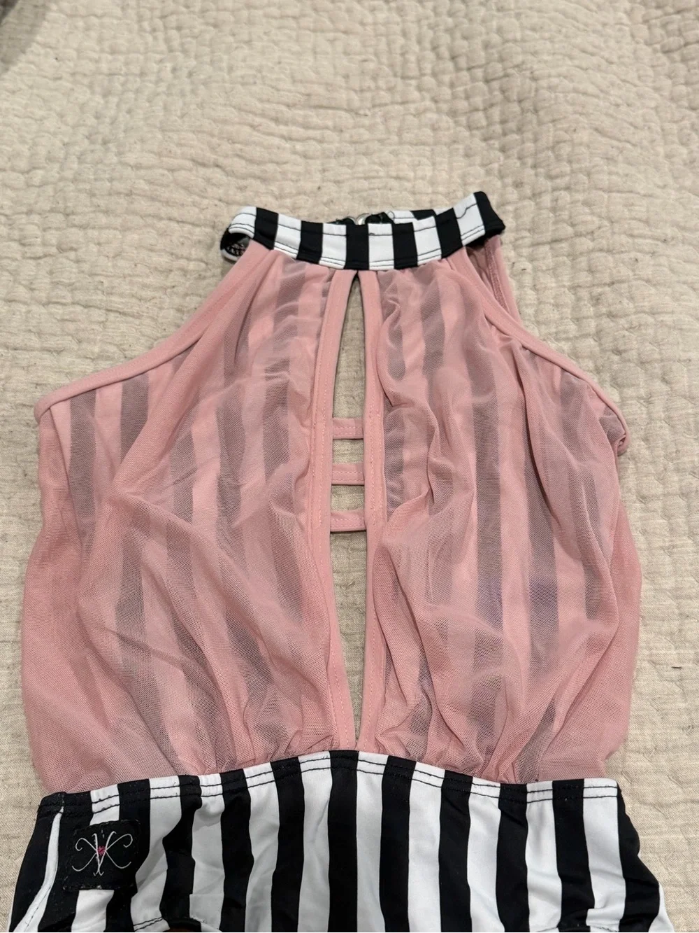 Kandi Kouture CM Black White Stripe Pink Mesh Dance Leotard